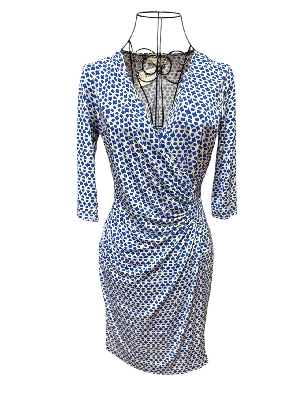 Laundry by Design Blue & White Printed Ruched Wrap Midi Sheath Dress 4P